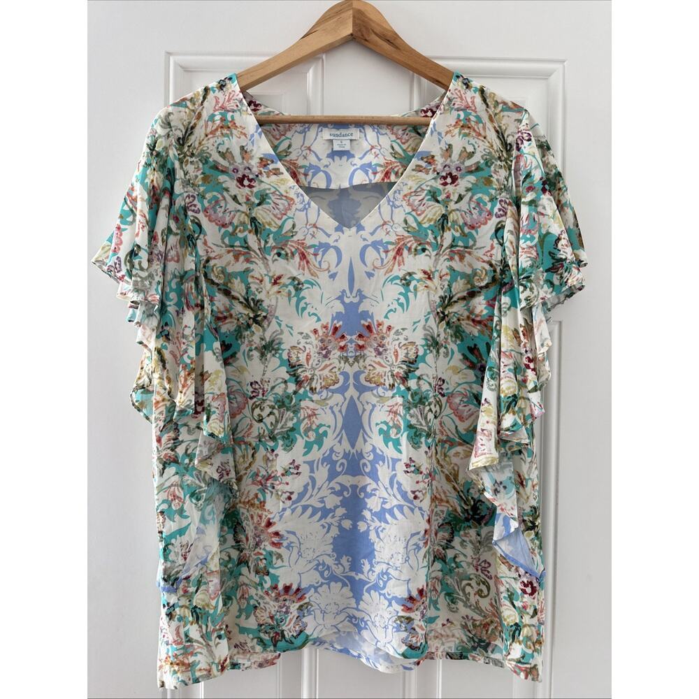 Sundance Small S Arabella Flutter Sleeve Floral Print Rayon V Neck Blouse Top